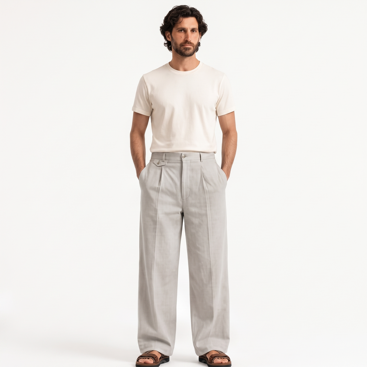 Rylan stone front - wide-leg straight casual trousers
