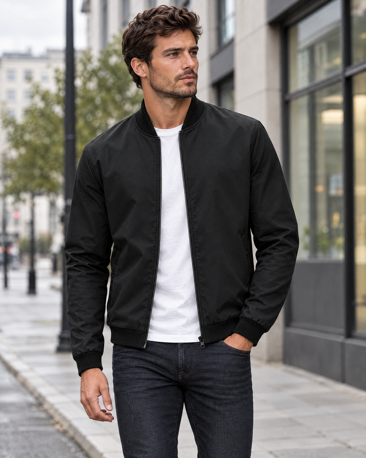Men's black lightweight zip-up bomber jacket with baseball collar worn on city street