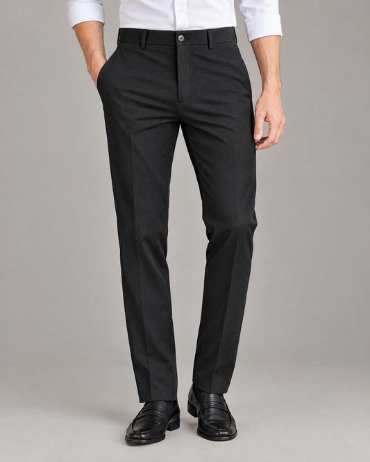 Black wrinkle resistant stretch casual trousers for men, studio view