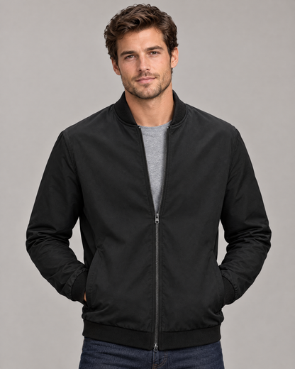 Black spring and fall bomber jacket for men, studio front view
