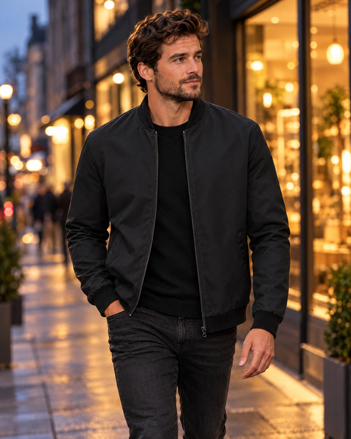 Men's casual thin bomber jacket black, evening street lifestyle