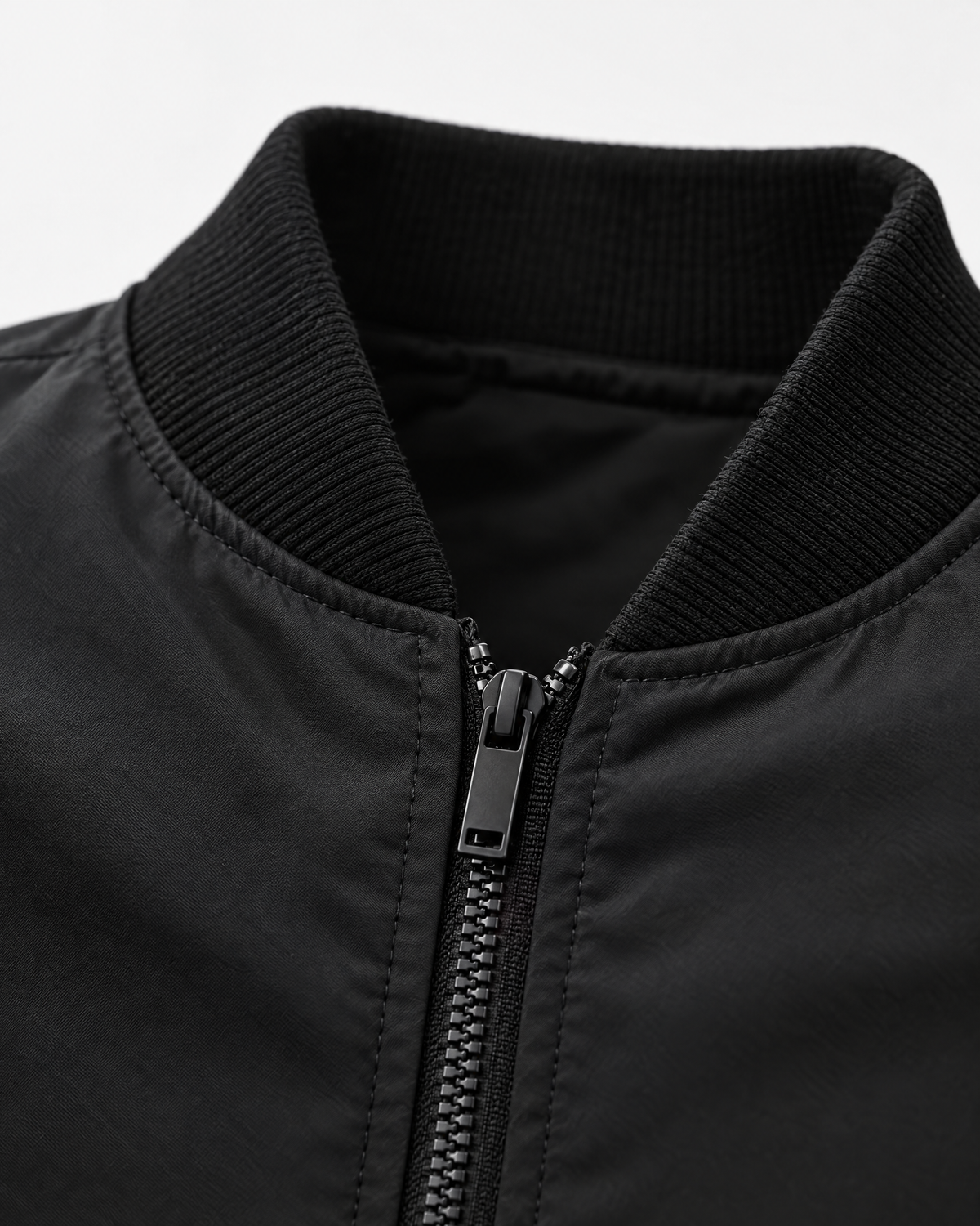 Marlon men's black bomber jacket ribbed baseball collar and zipper close-up