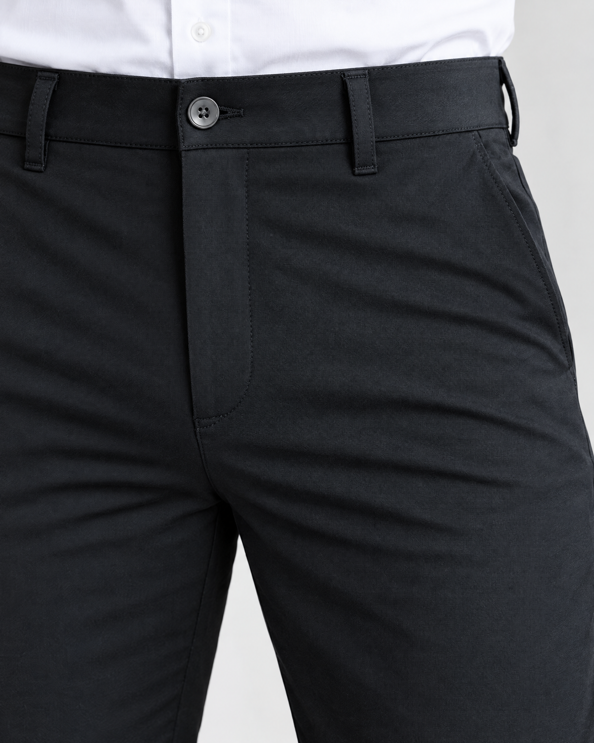 Sutton men's black stretch dress pants waistband, button and belt loops