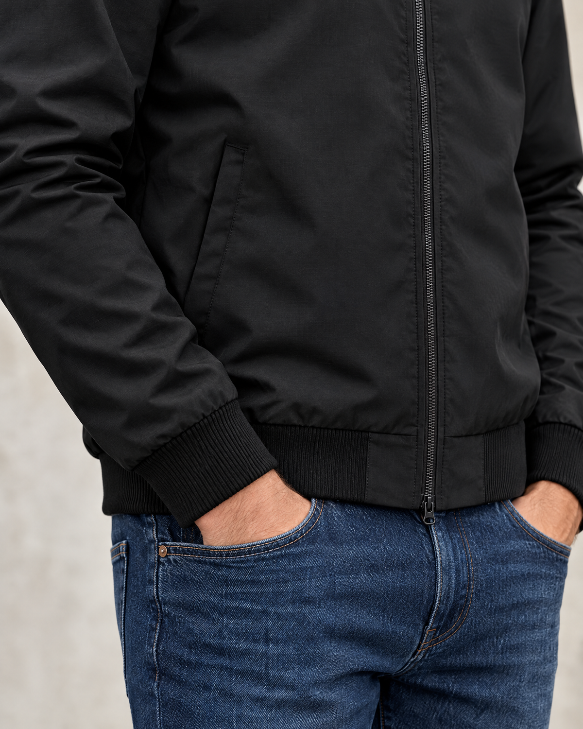 Marlon men's black lightweight bomber jacket ribbed cuff and hem detail