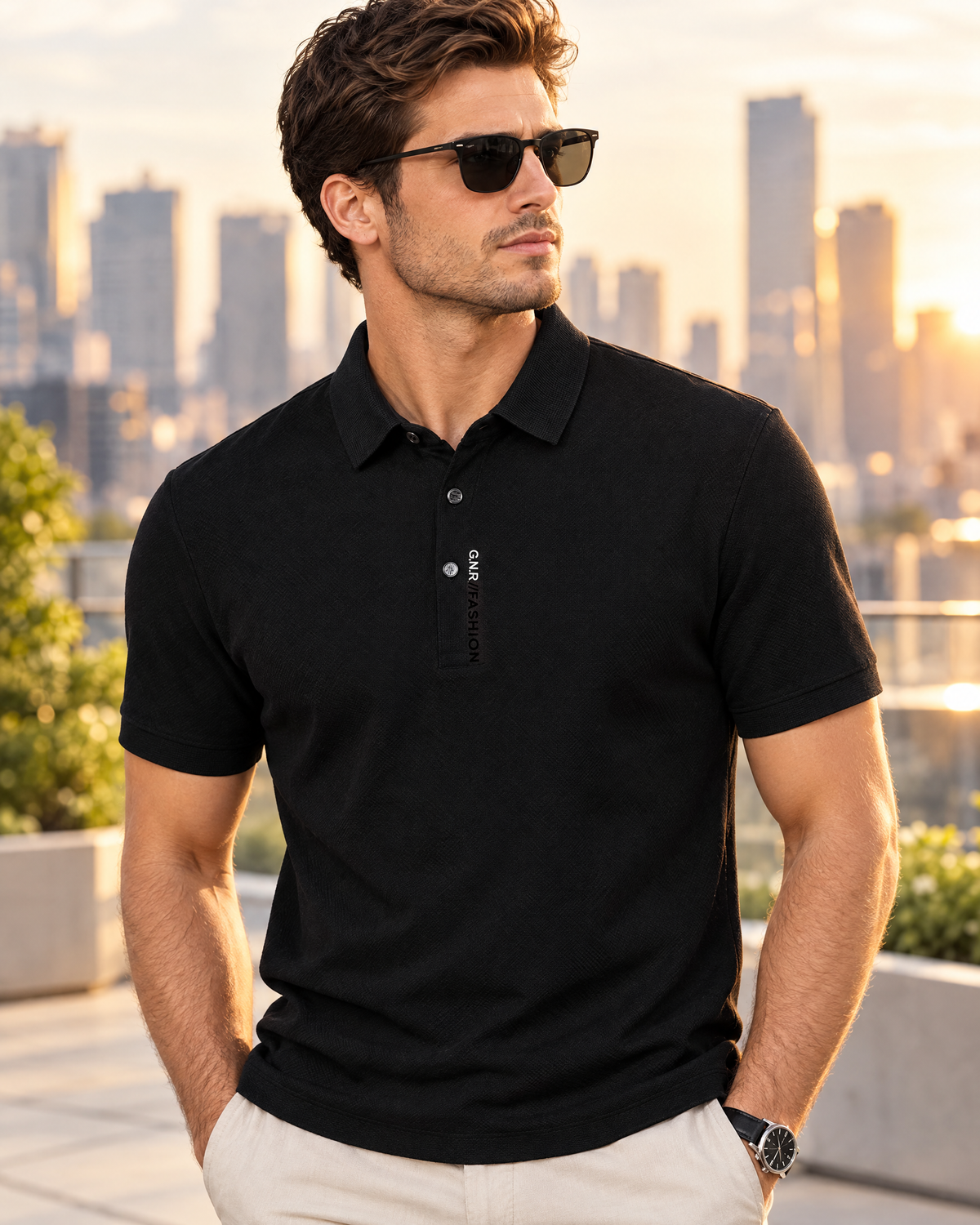 Men's black short sleeve knit polo shirt with ribbed collar worn on a city terrace