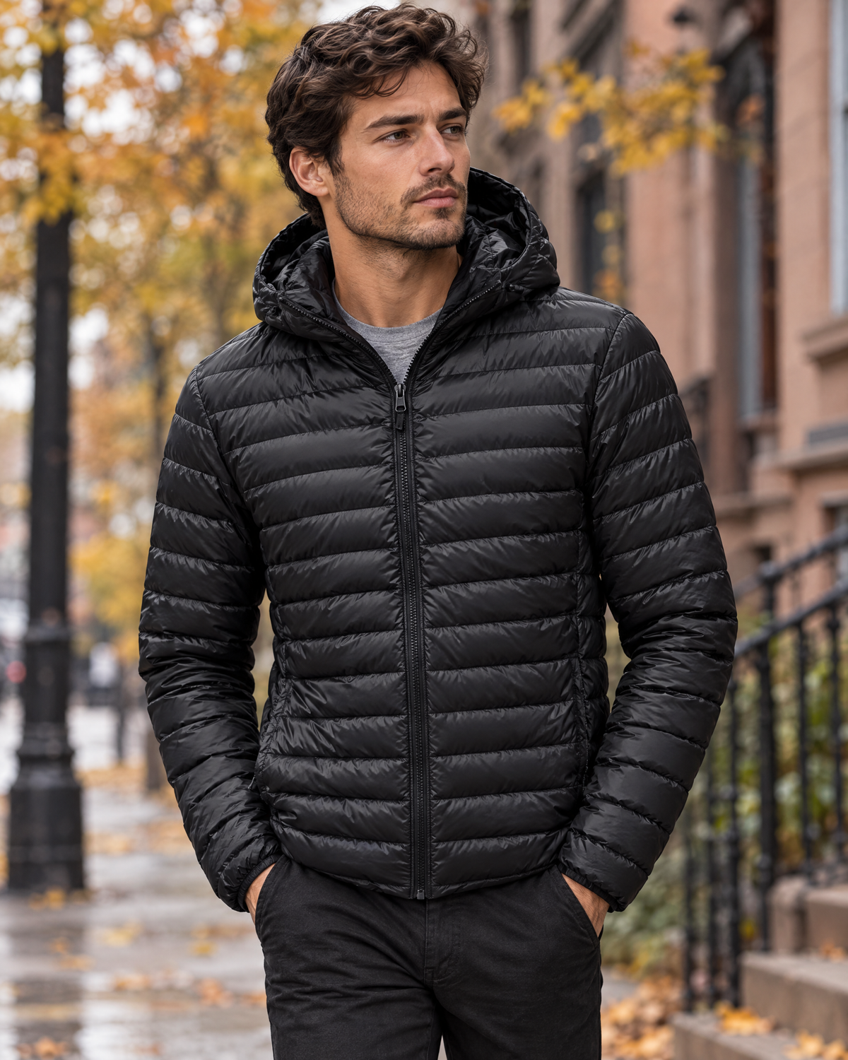 Men's black lightweight hooded puffer jacket worn on an autumn city street