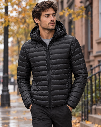 Men's black lightweight hooded puffer jacket worn on an autumn city street
