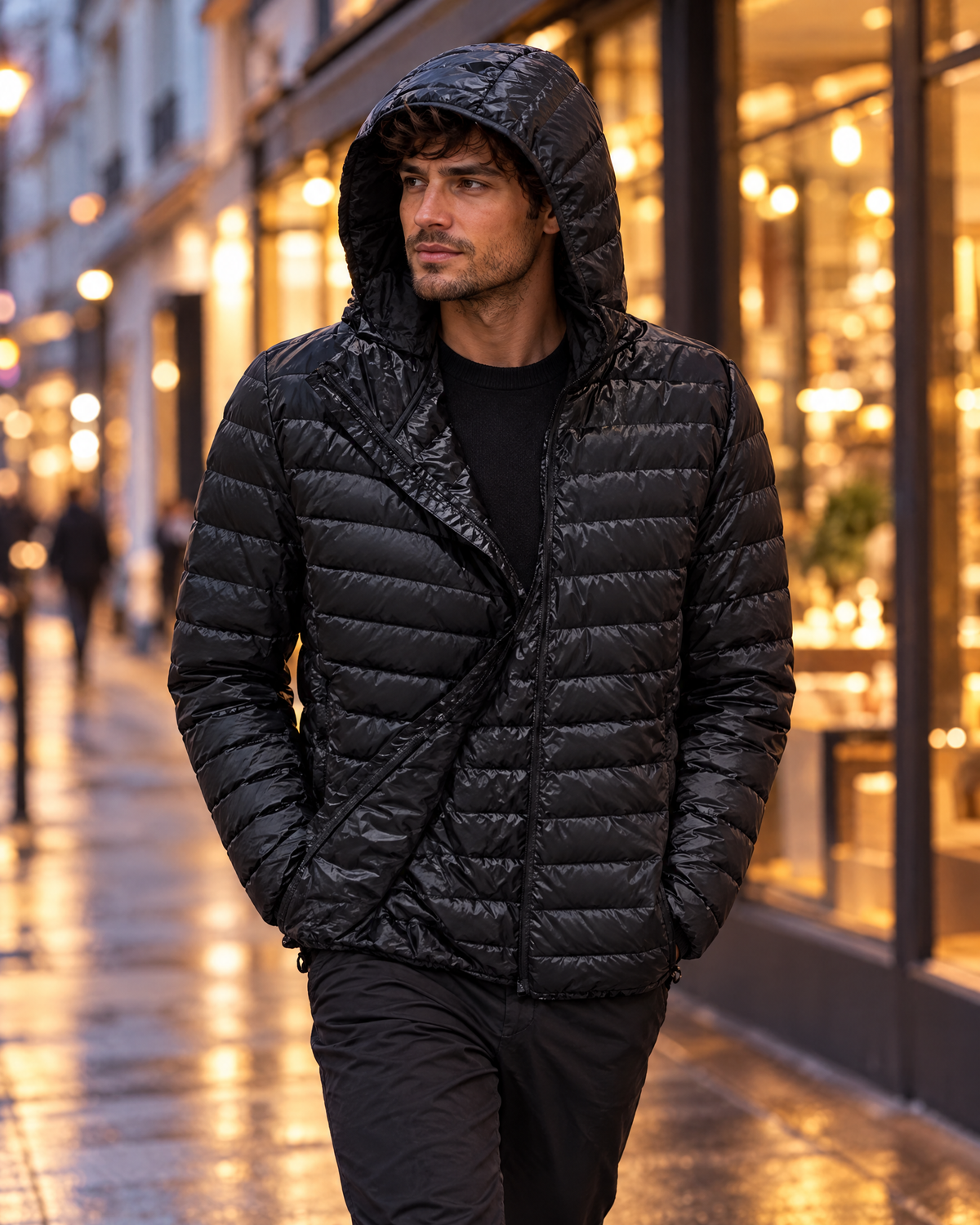 Men's casual black quilted puffer jacket with hood, evening street lifestyle