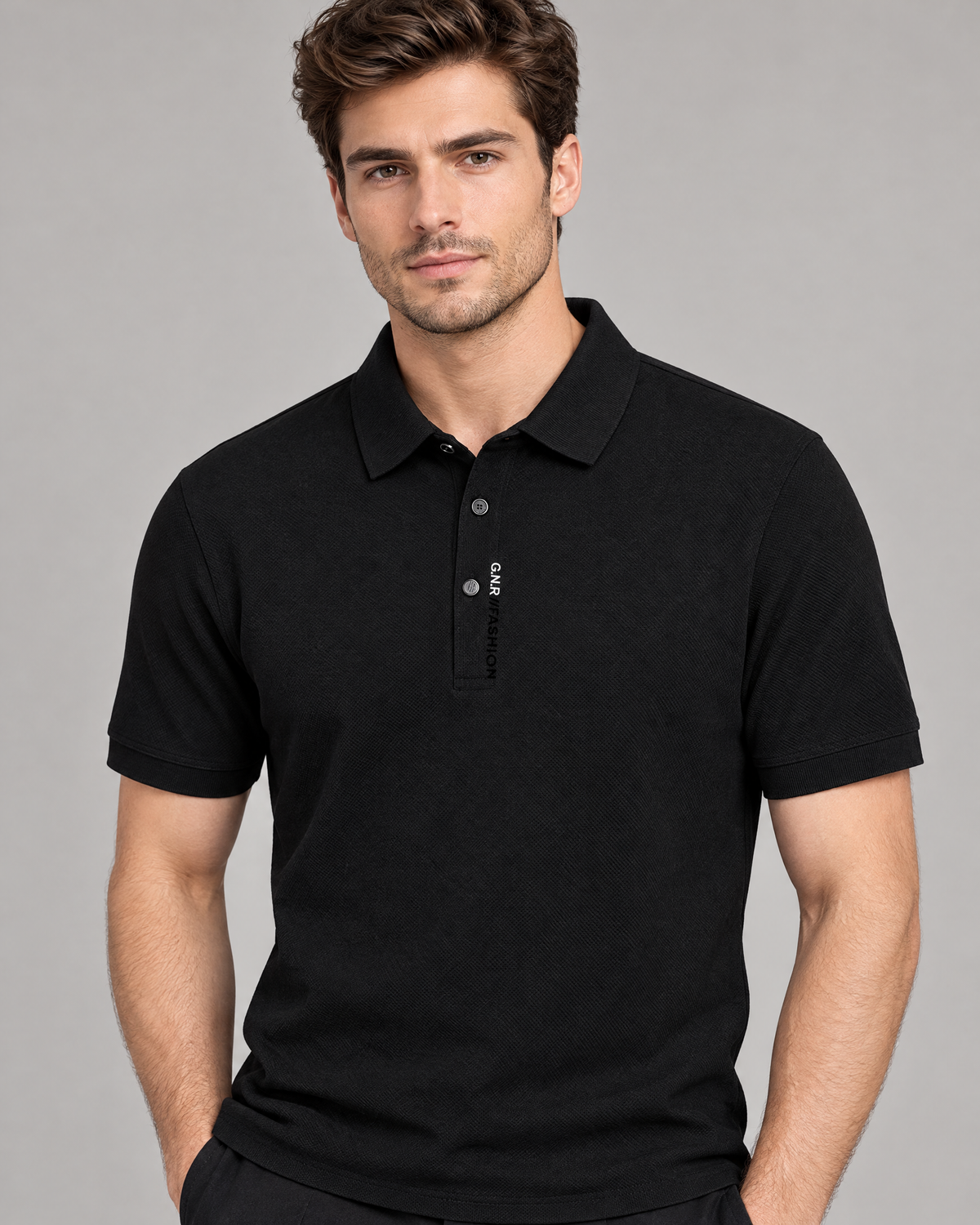Black men's polo shirt with ribbed knit collar, studio front view