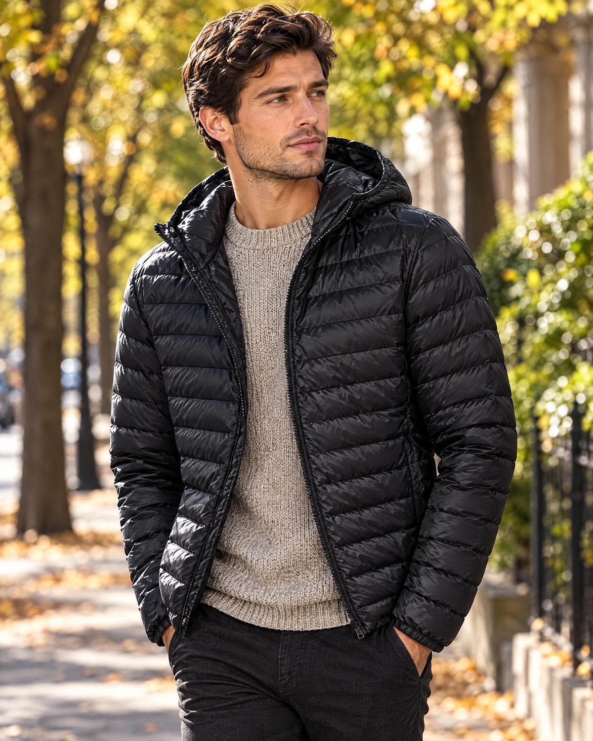 Man in black lightweight puffer jacket layered over a knit sweater in autumn light