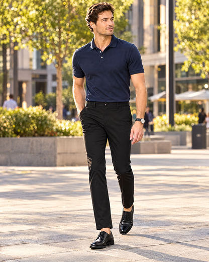 Men's smart casual black chino pants with navy polo, lifestyle
