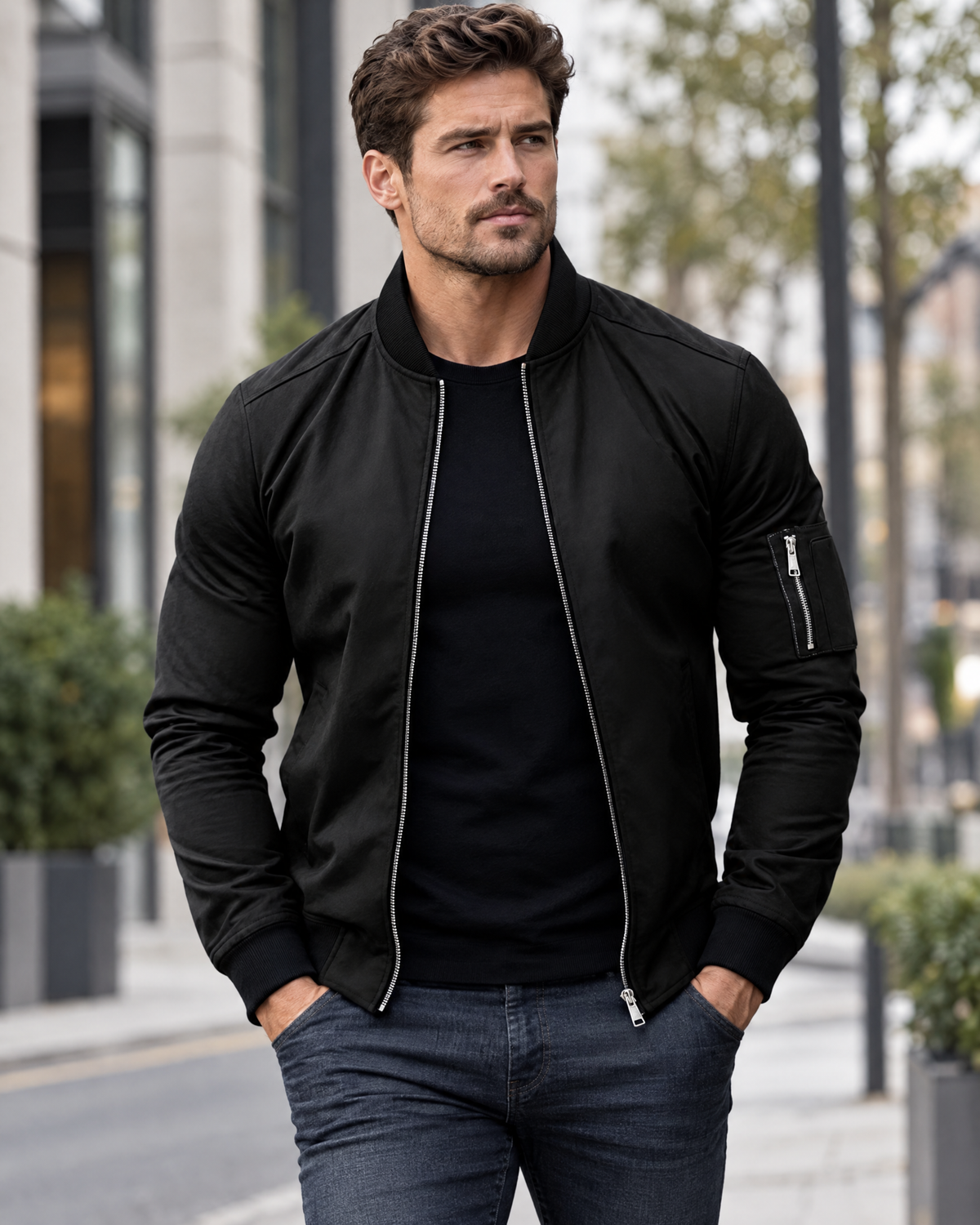 Men's black zip-up bomber jacket with stand collar and sleeve zip pocket on a city street