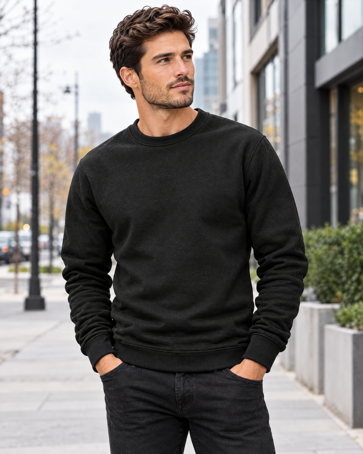 Men's black crew neck pullover sweatshirt with ribbed cuffs worn on a city street