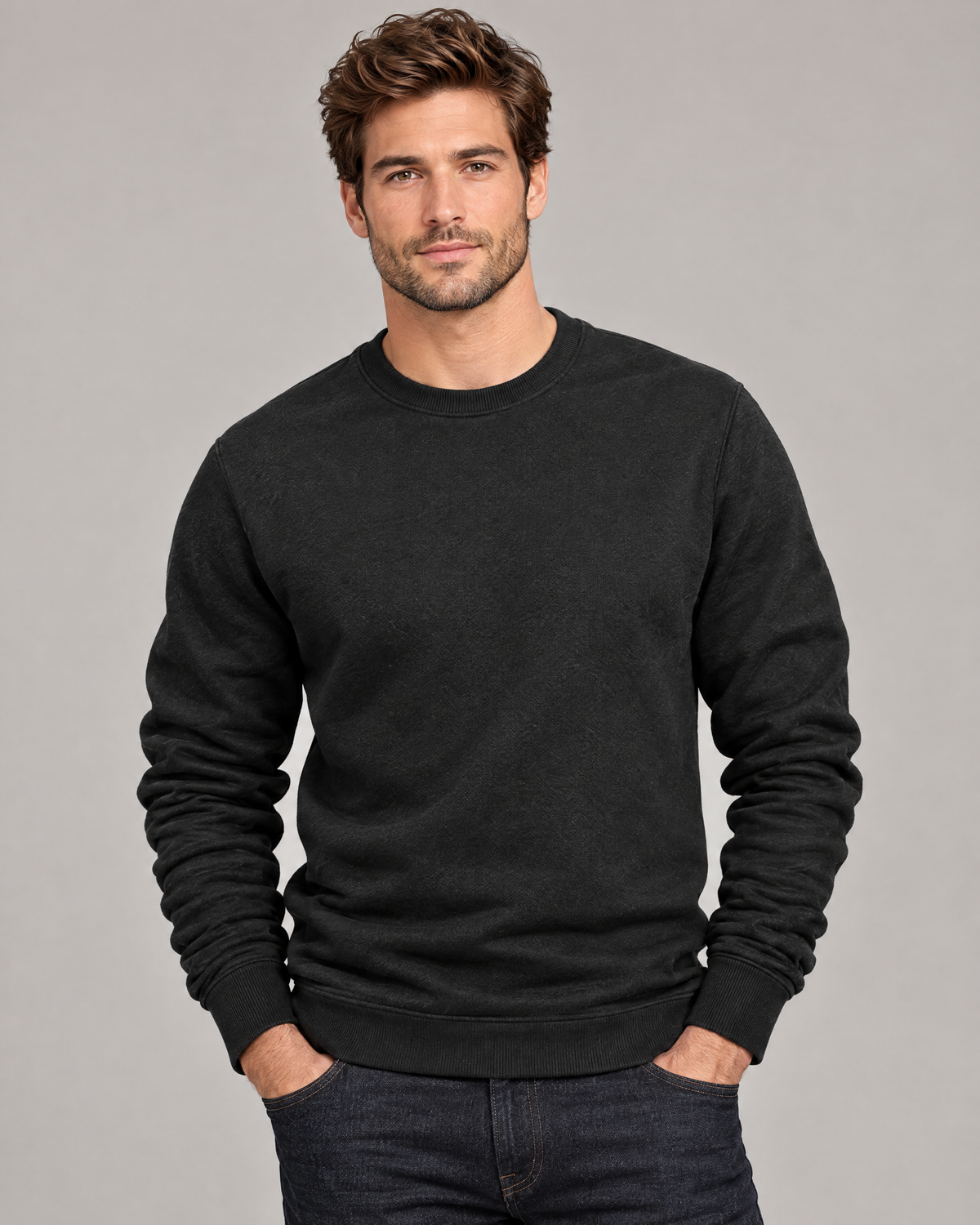 Black men's crew neck sweatshirt long sleeve casual top, studio front view