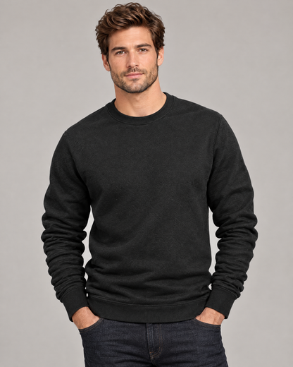 Black men's crew neck sweatshirt long sleeve casual top, studio front view