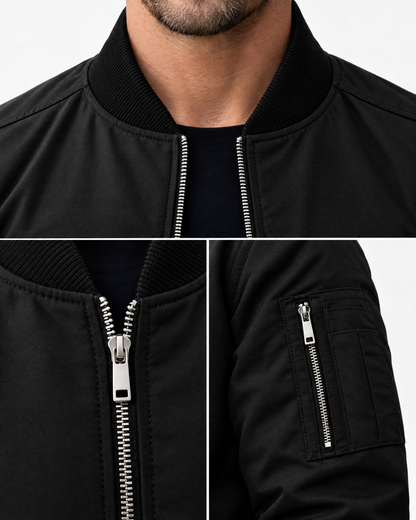 Stand collar, zipper and sleeve zip pocket detail on a men's black bomber jacket