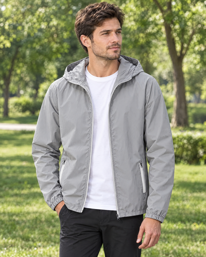 Man wearing the Rowan grey lightweight hooded windbreaker