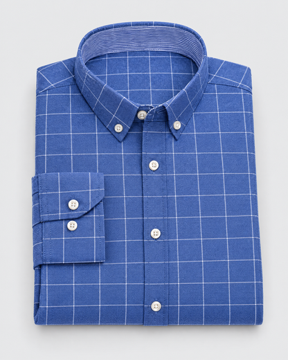 Hollis Oxford shirt in Blue Windowpane Check, folded