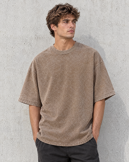 Man wearing the Easton washed brown oversized heavyweight cotton t-shirt