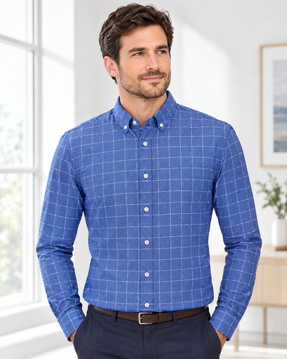 Man wearing the Hollis blue windowpane check Oxford button-down dress shirt