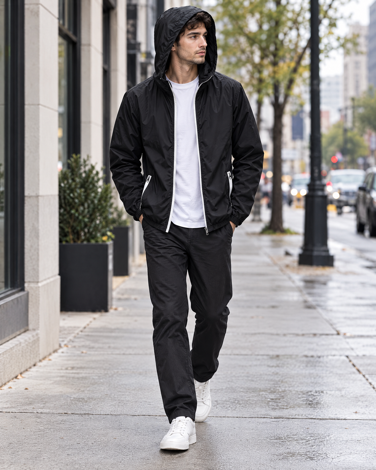 Man walking in the Rowan black windbreaker with the hood up