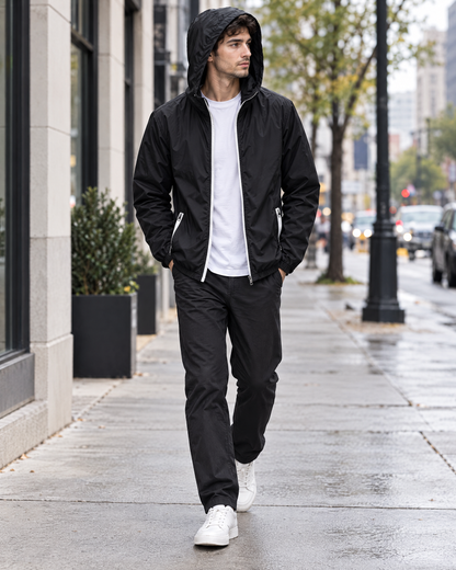 Man walking in the Rowan black windbreaker with the hood up