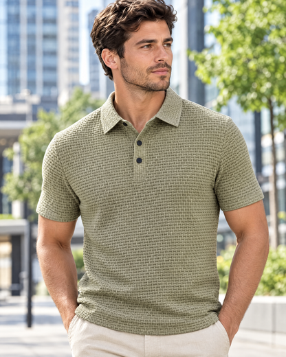 Man wearing the Calder waffle knit polo shirt in Khaki