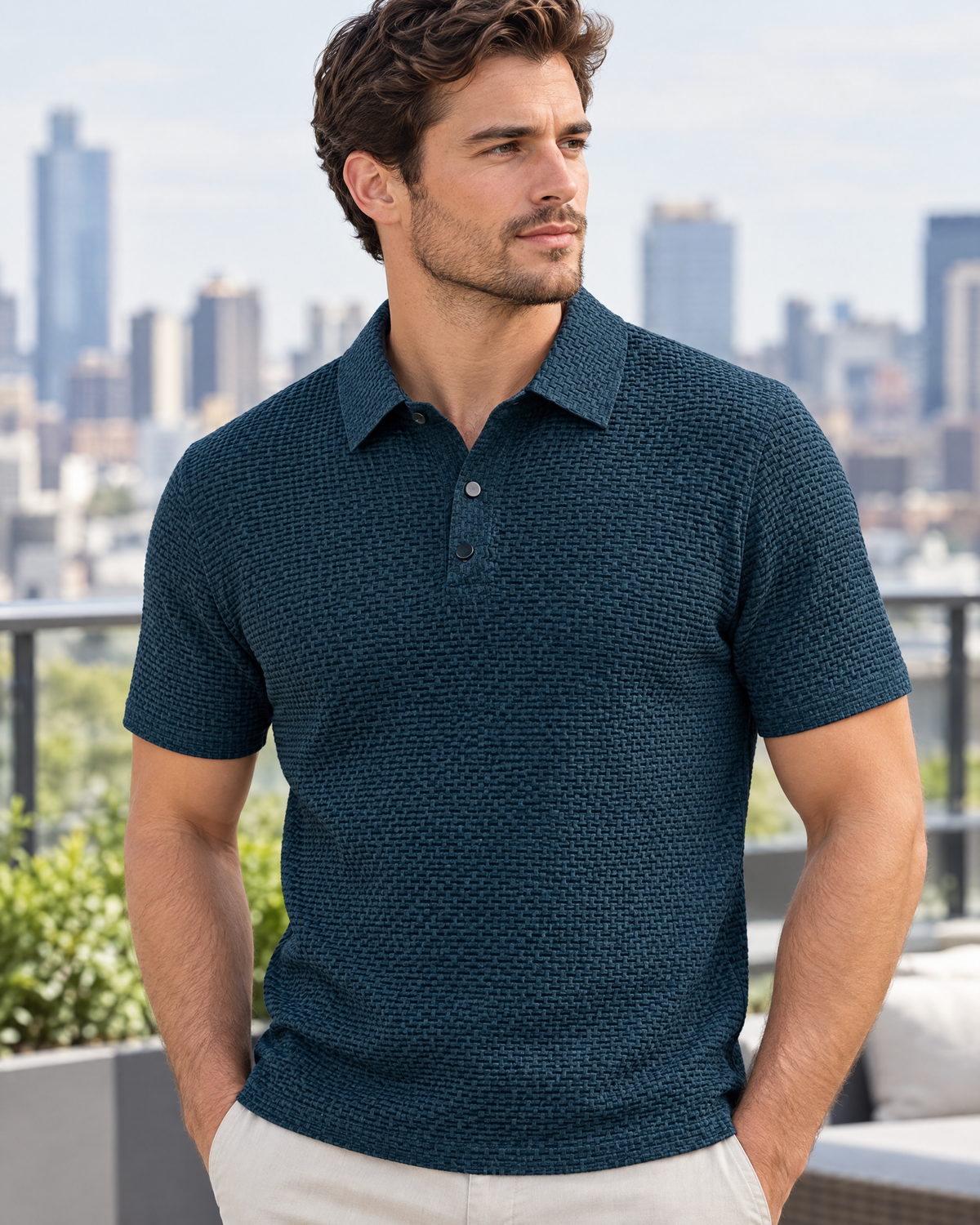 Man wearing the Calder waffle knit polo shirt in Petrol Blue