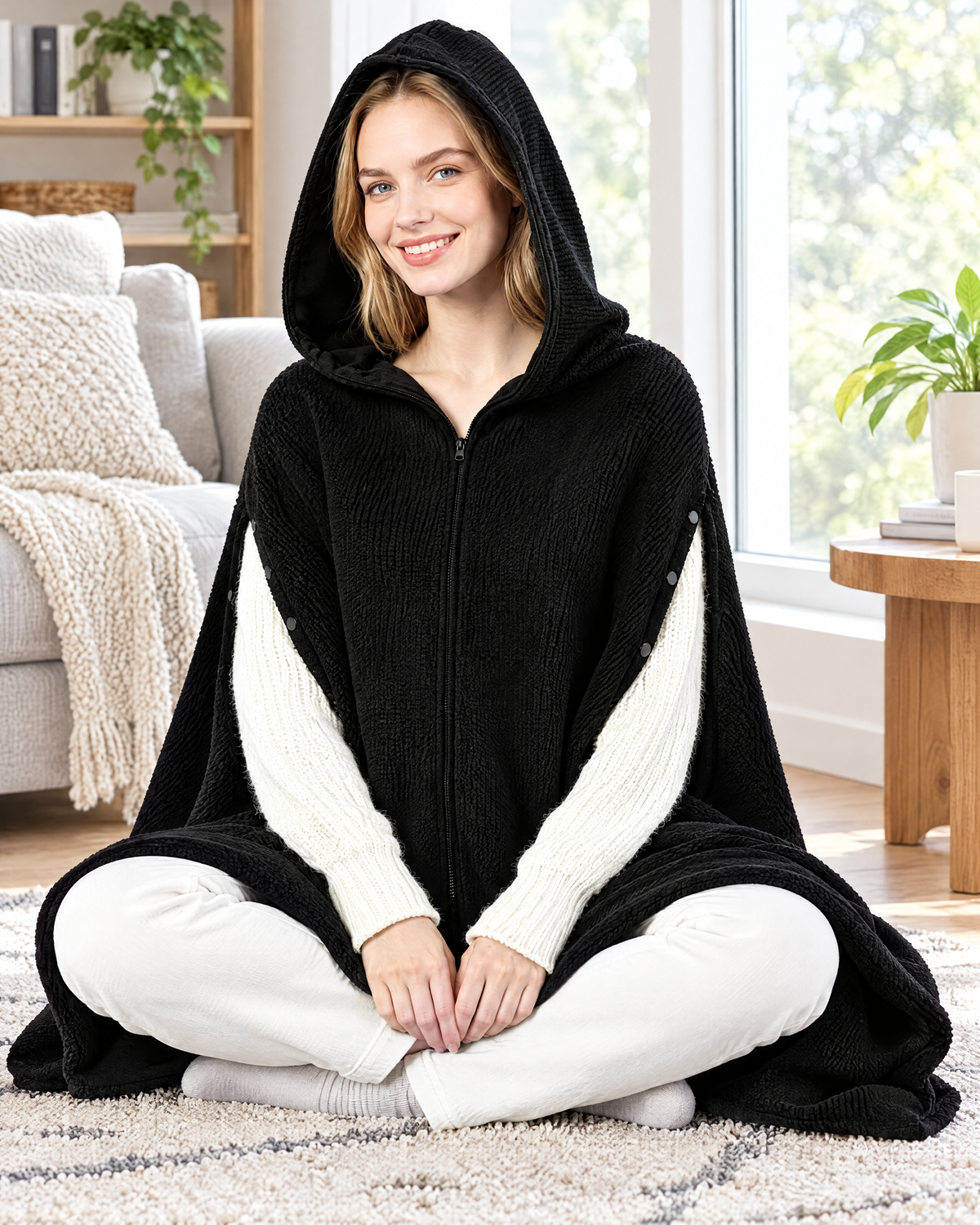 Woman wearing the Ainsley black heated hooded wearable blanket shawl