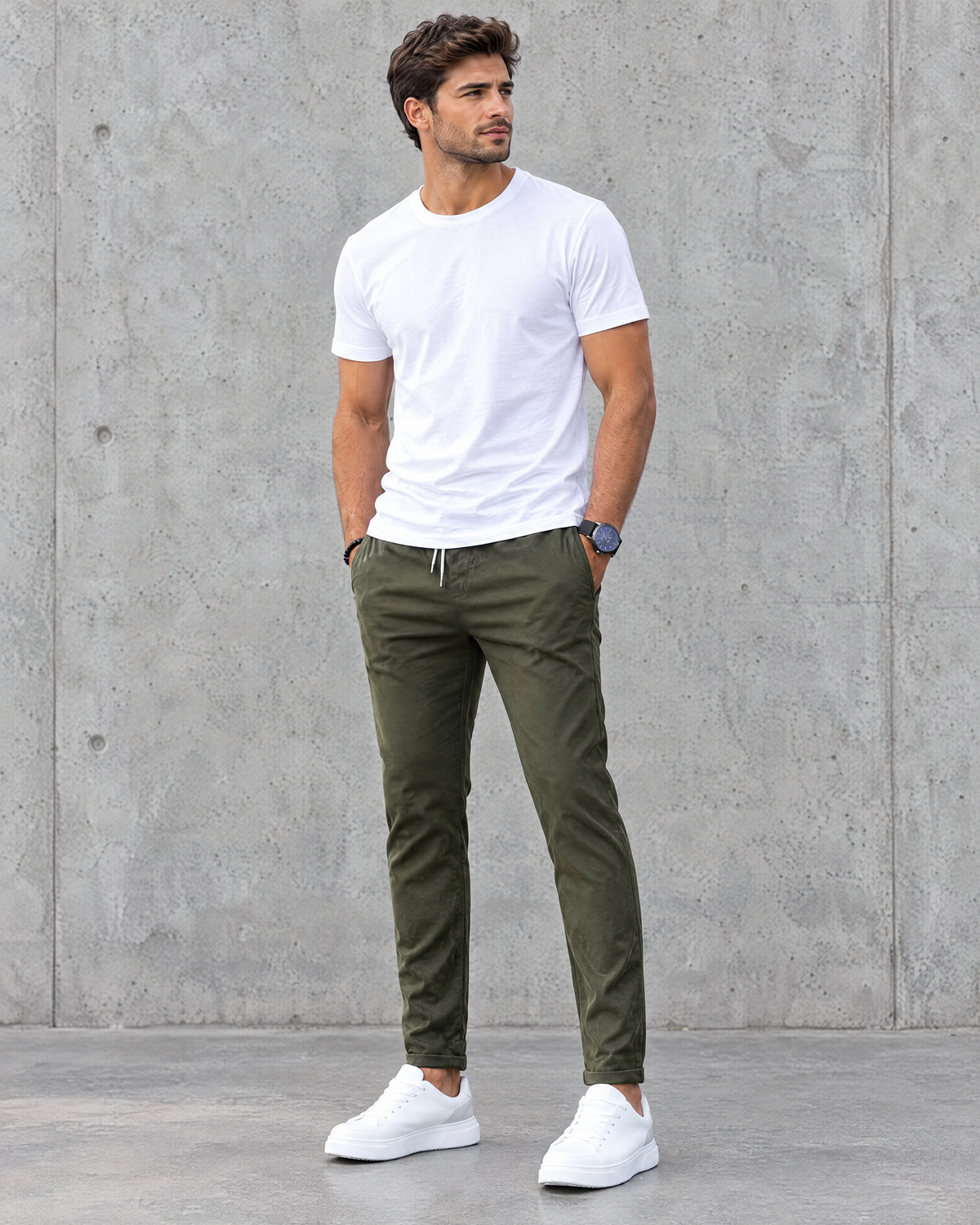 Man wearing the Quinton olive green stretch pants with a drawstring waist
