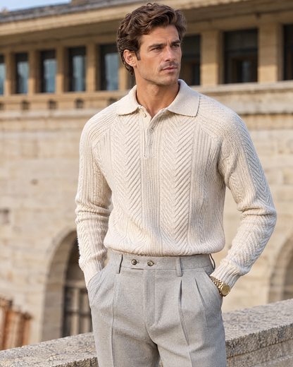 Man wearing the Elliott beige knit polo sweater