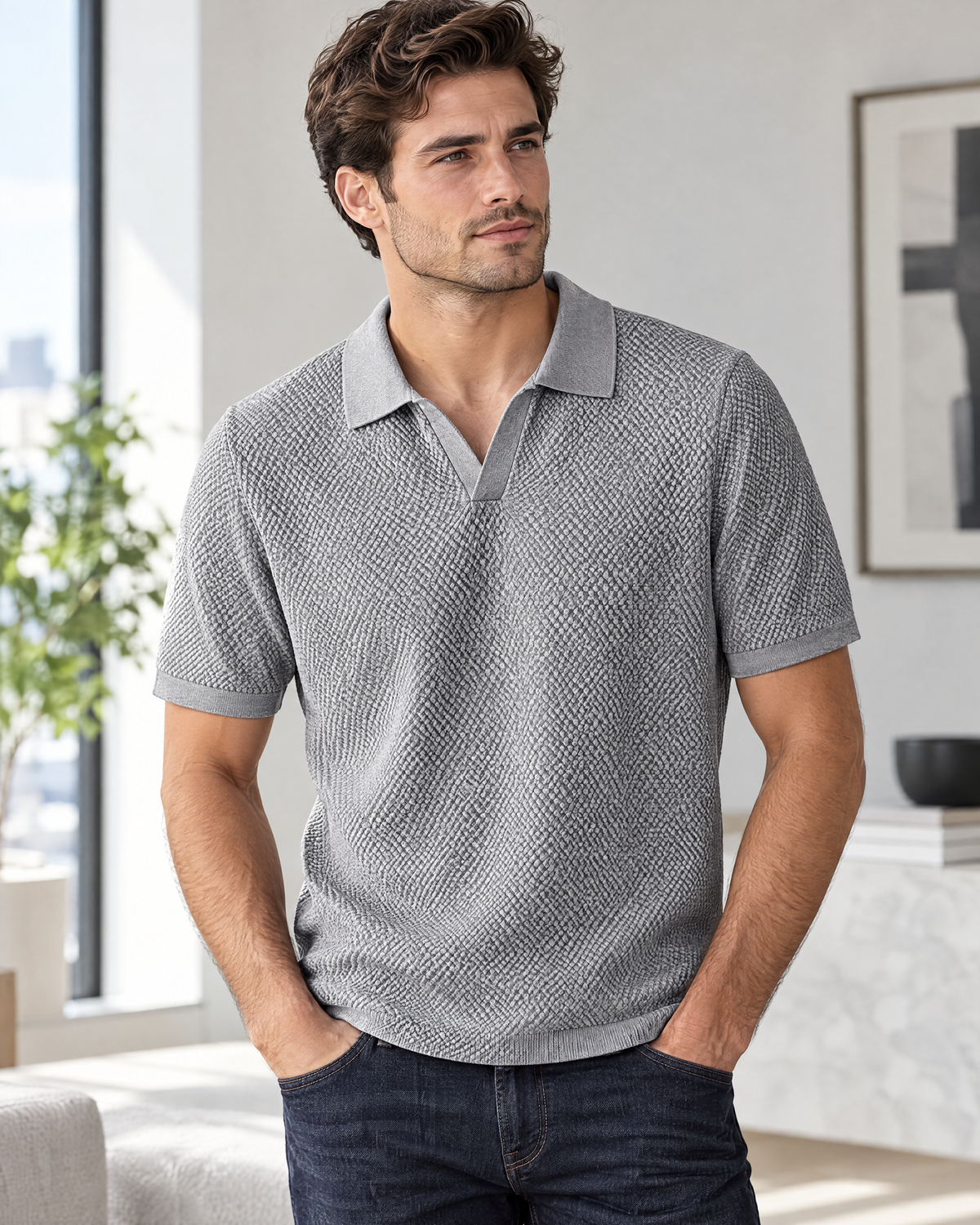 Man wearing the Mercer grey textured knit polo shirt