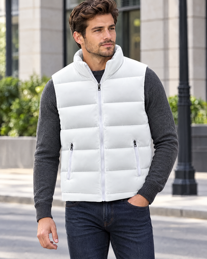 Man wearing the Perrin white quilted puffer vest with a stand collar