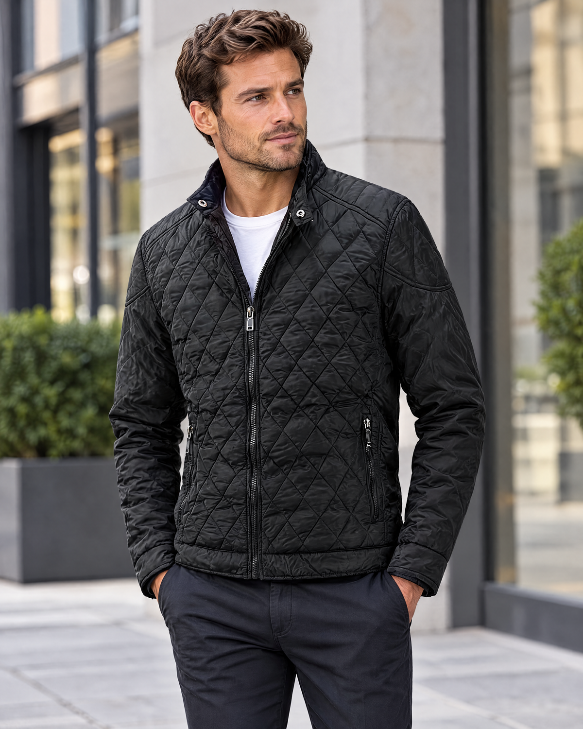 Man wearing the Lawson black diamond quilted jacket