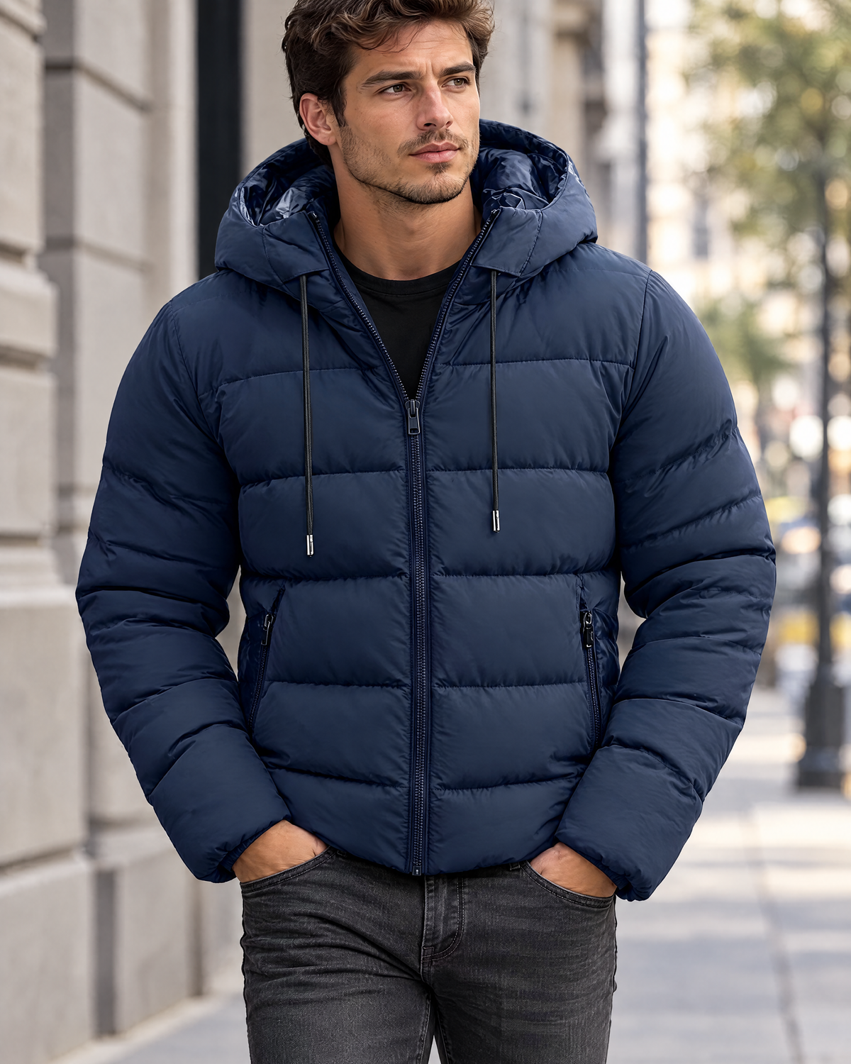 Man wearing the Cormac navy hooded puffer jacket