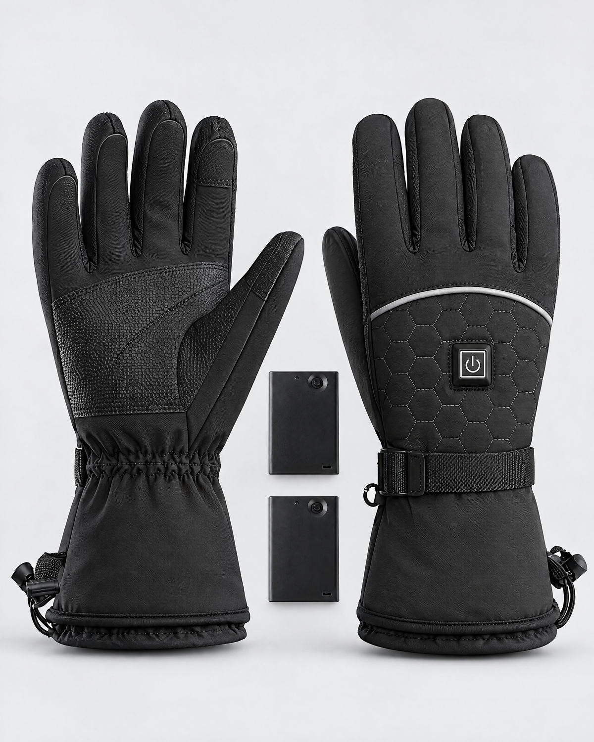 Black rechargeable heated gloves with two battery packs