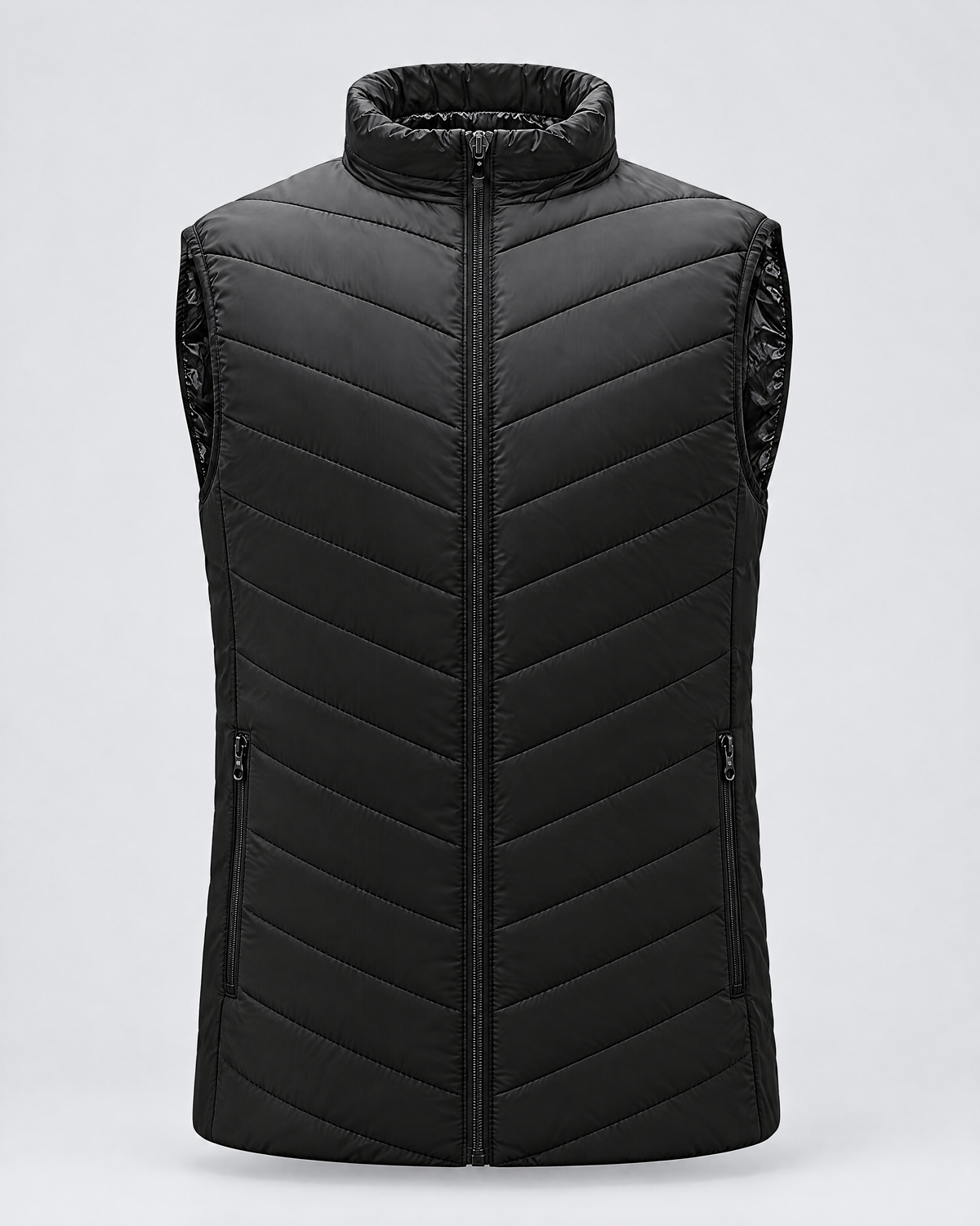 Black quilted USB heated vest, front view