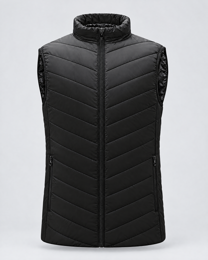 Black quilted USB heated vest, front view
