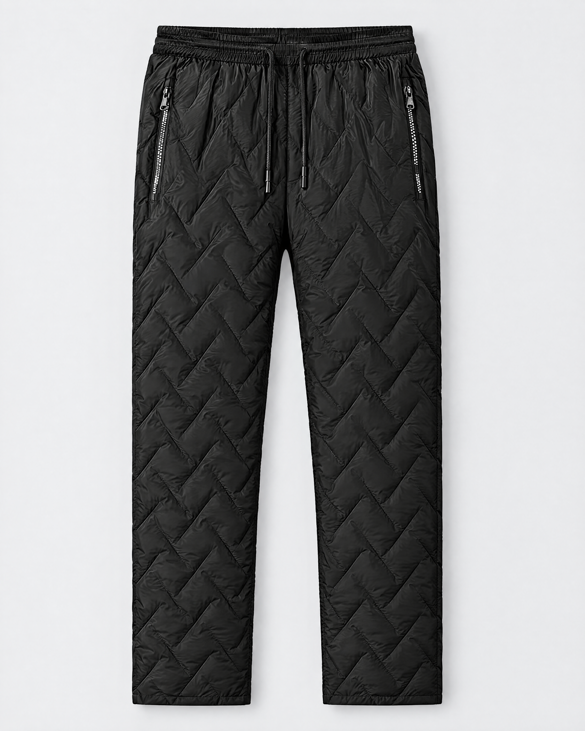 Black quilted USB heated hiking pants, front view