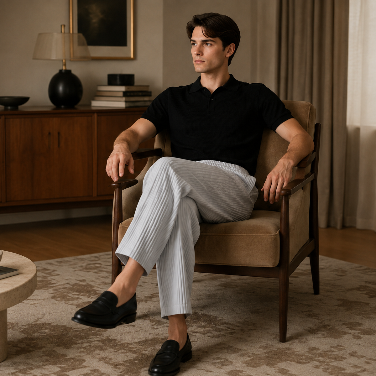 Kentaro Stone pleated trousers lifestyle in gentleman room