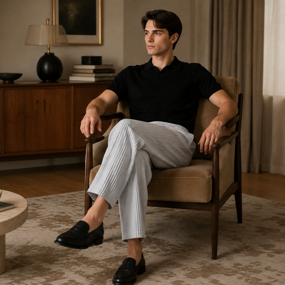 Kentaro Stone pleated trousers lifestyle in gentleman room