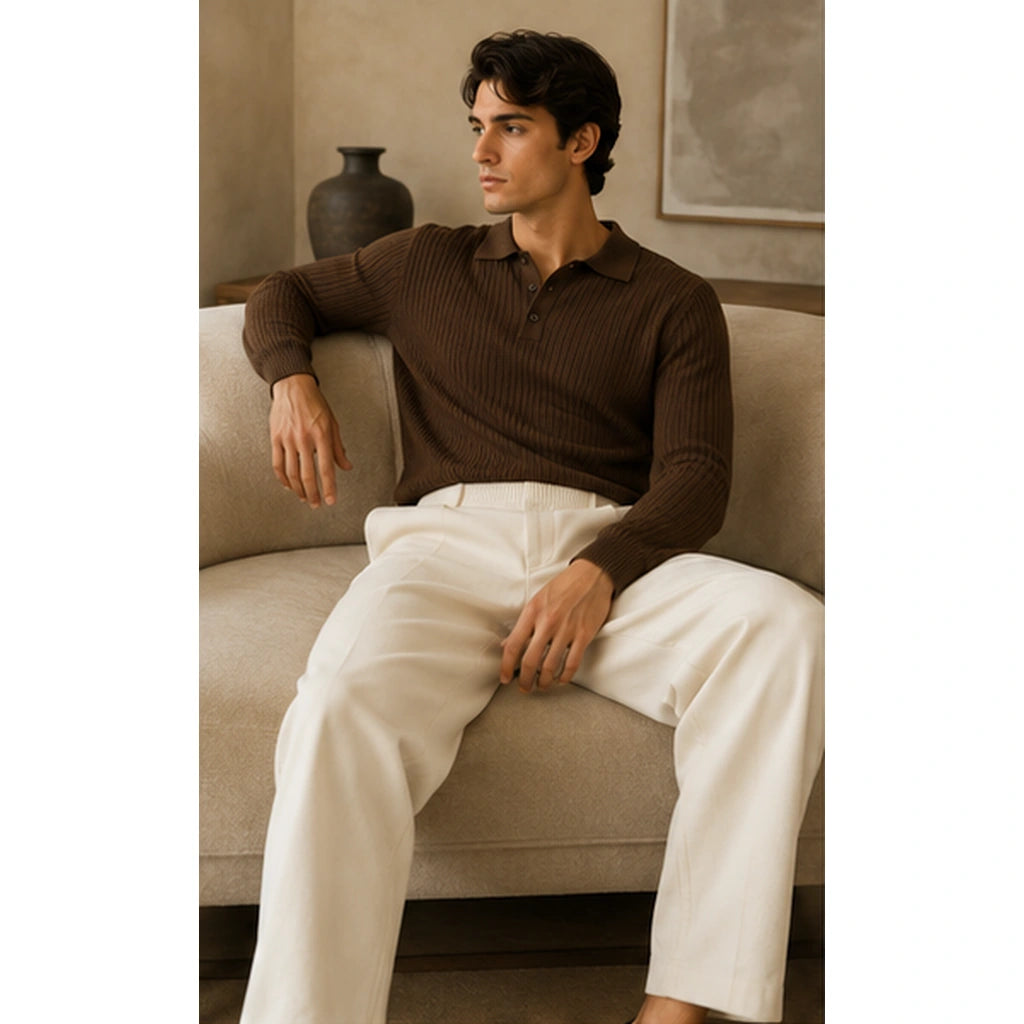 Marlowe Brown ribbed long sleeve knit polo lifestyle