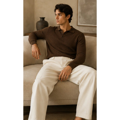 Marlowe Brown ribbed long sleeve knit polo lifestyle