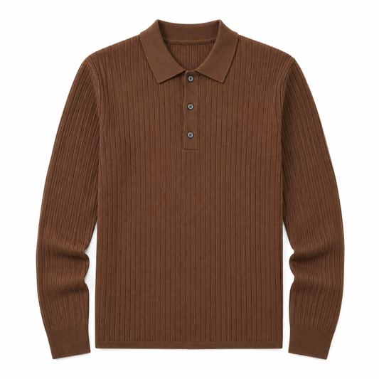 Marlowe ribbed knit polo in Brown on white background