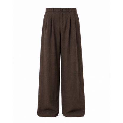 Rylan Brown wide leg trousers on white background