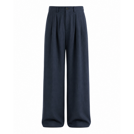Rylan Navy wide leg trousers on white background